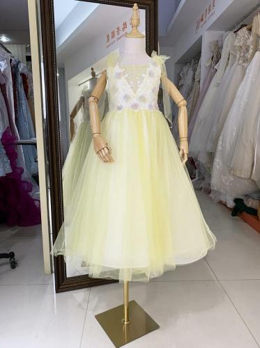 V neck flower mesh children princess skirt girls show evening dress