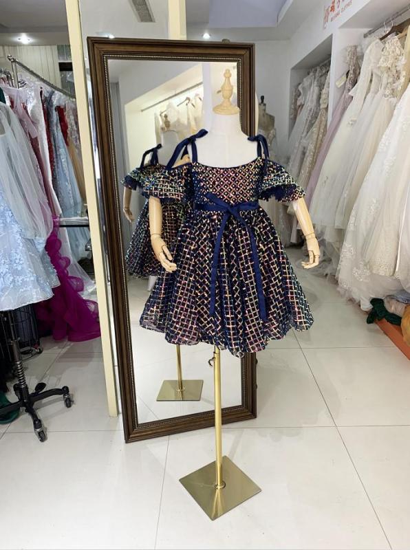 Gold Black off shoulder luxurois princess tulle beading summer sleeveless mesh flower girl dress