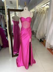 Fuchsia Red sleeveless corset mesh satin rhinestone lace up back pleated fitting prom bridesmaid dress