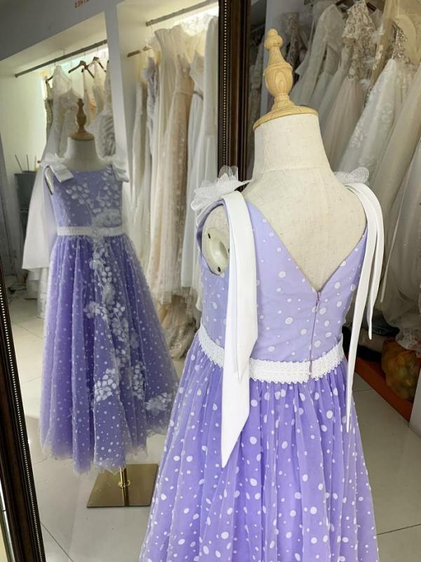 Lilac luxurois princess summer sleeveless glitter mesh flower girl dress