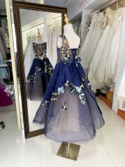 Navy sleeveless round neck luxurois princess ruffle tulle embroidery organza flower girl dress ball gown