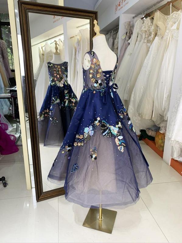 Navy sleeveless round neck luxurois princess ruffle tulle embroidery organza flower girl dress ball gown