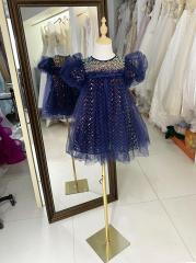 Navy luxurois princess tulle beading summer sleeveless mesh flower girl dress