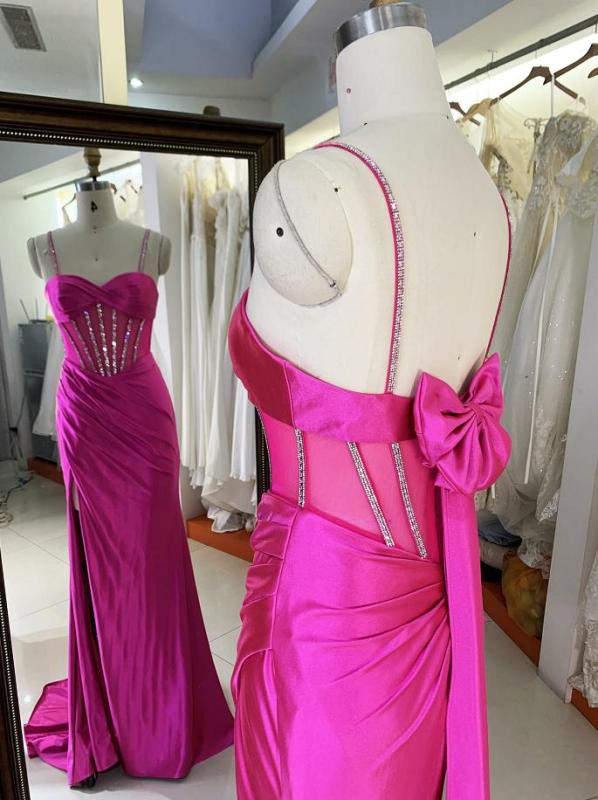 Fuchsia Red sleeveless corset mesh satin rhinestone lace up back pleated fitting prom bridesmaid dress