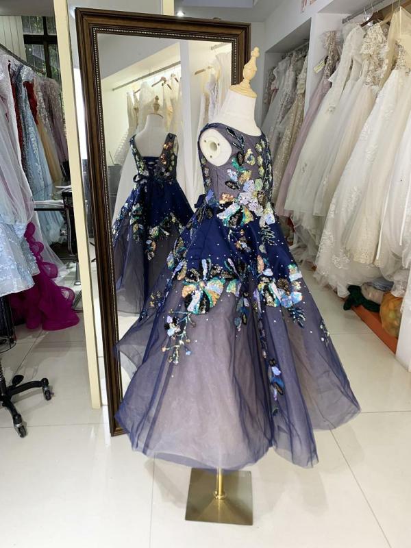 Navy sleeveless round neck luxurois princess ruffle tulle embroidery organza flower girl dress ball gown