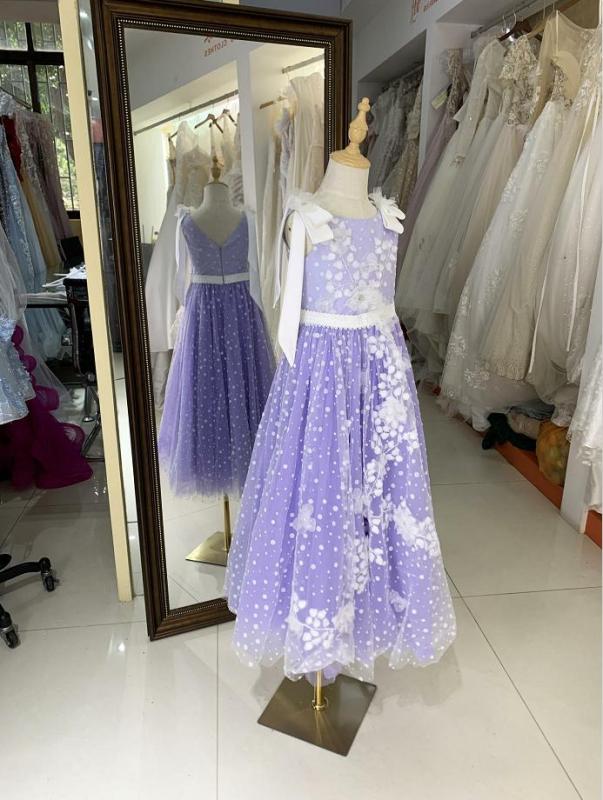 Lilac luxurois princess summer sleeveless glitter mesh flower girl dress
