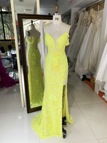 Yellow embroidered prom dresses with modest evening dress floor-length