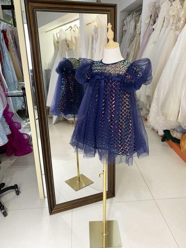Navy luxurois princess tulle beading summer sleeveless mesh flower girl dress