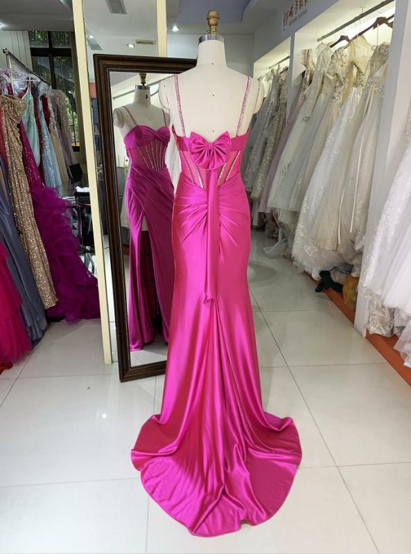 Fuchsia Red sleeveless corset mesh satin rhinestone lace up back pleated fitting prom bridesmaid dress