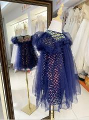 Navy luxurois princess tulle beading summer sleeveless mesh flower girl dress