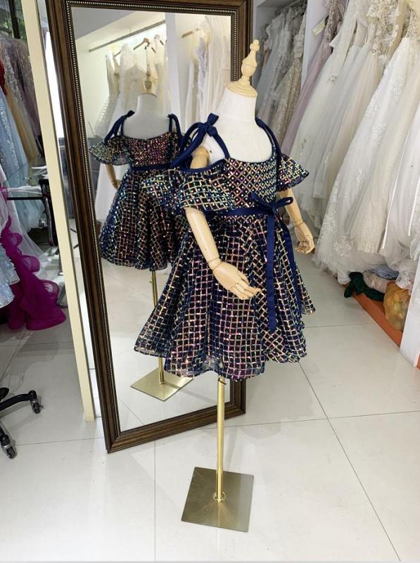 Gold Black off shoulder luxurois princess tulle beading summer sleeveless mesh flower girl dress