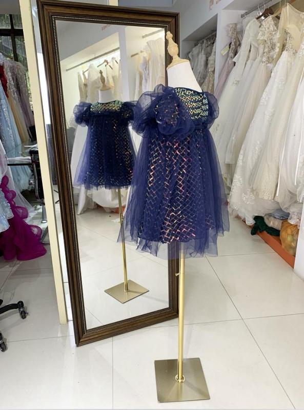 Navy luxurois princess tulle beading summer sleeveless mesh flower girl dress