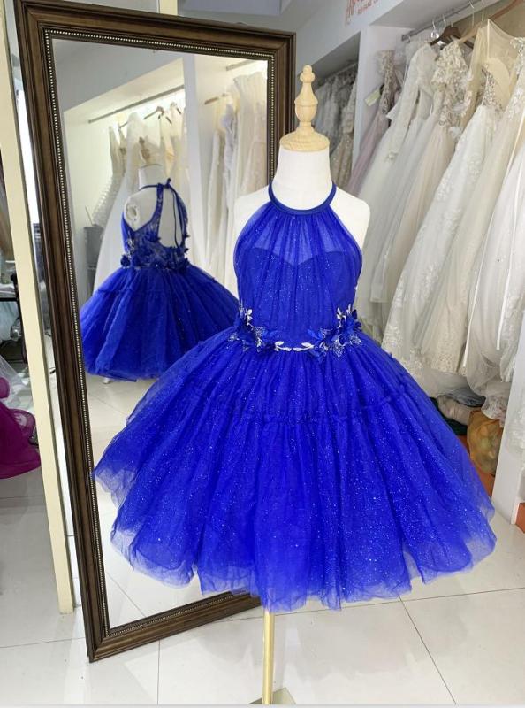 Royal luxurois princess shiny tulle embroidery halter neck flower girl dress ball gown