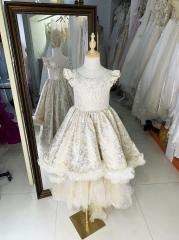 Ivory short sleeve round neck luxurois princess ruffle jacquard satin shiny tulle summer flower girl dress
