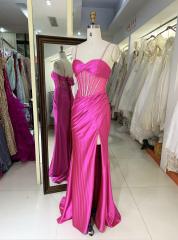 Fuchsia Red sleeveless corset mesh satin rhinestone lace up back pleated fitting prom bridesmaid dress