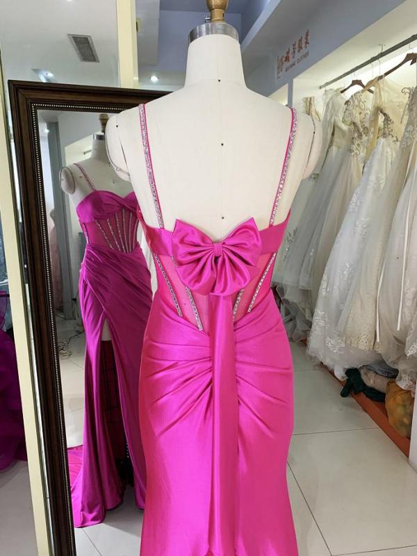 Fuchsia Red sleeveless corset mesh satin rhinestone lace up back pleated fitting prom bridesmaid dress