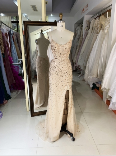 Gold sleeveless round neck rhinestone lace up back side slit fitting prom evening dress
