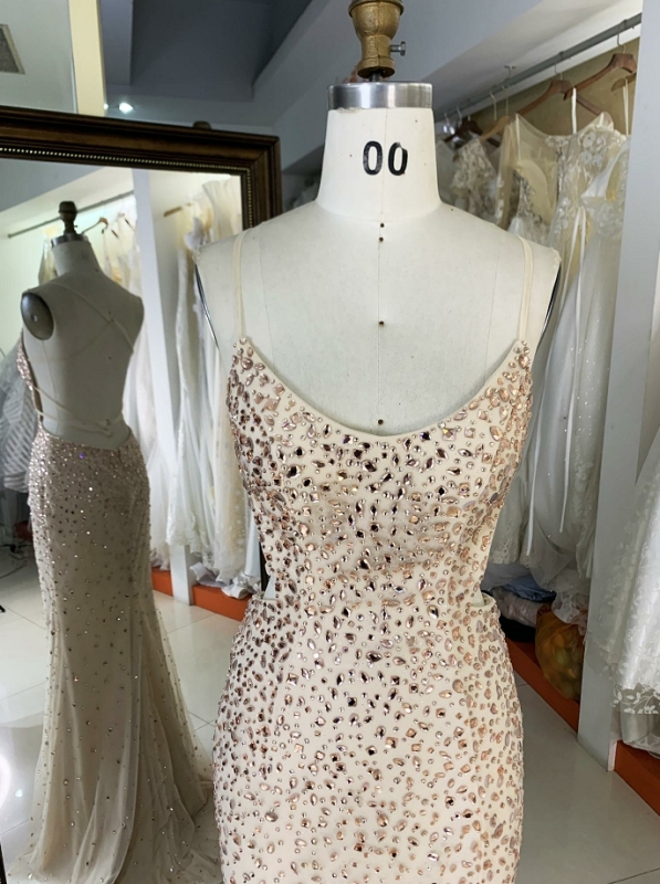 Gold sleeveless round neck rhinestone lace up back side slit fitting prom evening dress