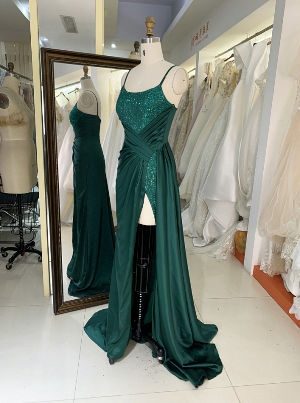 Black emerald red sleeveless rhinestone satin zipper up back hand pleated fitting prom high slit prom bridesmaid dress