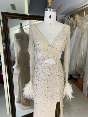 Gold long sleeve rhinestone feather lace up back side slit prom evening dress
