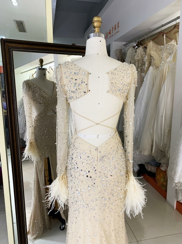 Gold long sleeve rhinestone feather lace up back side slit prom evening dress