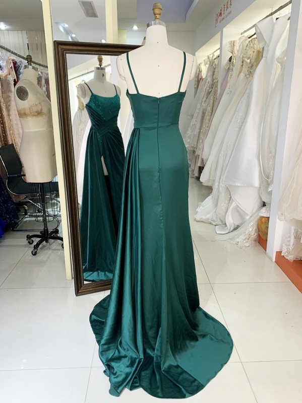 Black emerald red sleeveless rhinestone satin zipper up back hand pleated fitting prom high slit prom bridesmaid dress