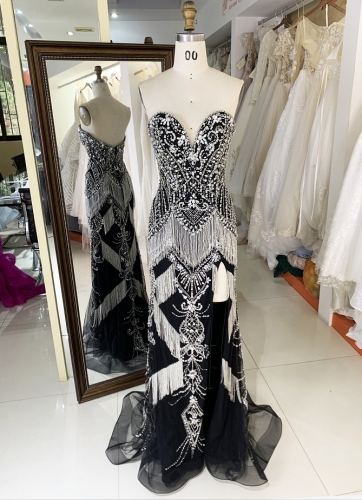 Tassel beading black silver dress prom night elegant evening dress
