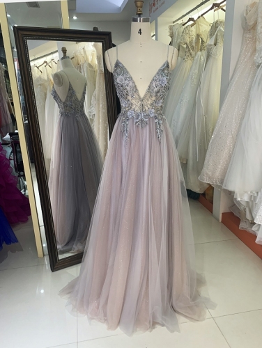 New V neck 3D flower embroidery prom dresses wholesale for women