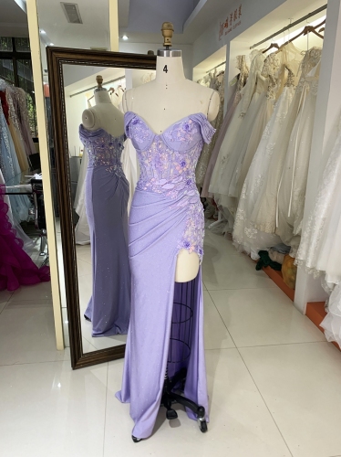 lilac pink off shoulder shimmer jersey embroidery corset hand pleated high slit fitted prom bridesmaid dresses
