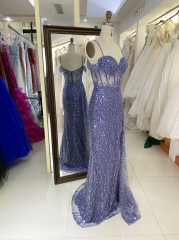 Dusty blue glitter off shoulder sleeveless mermaid corset zipper up back prom evening women dresses