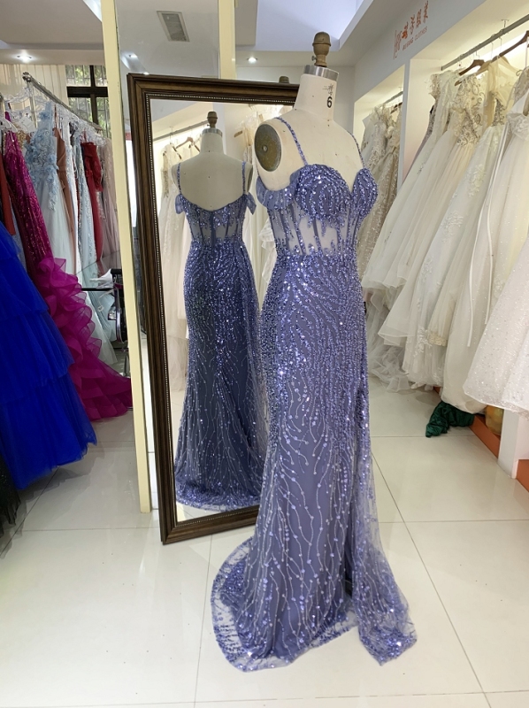 Dusty blue glitter off shoulder sleeveless mermaid corset zipper up back prom evening women dresses