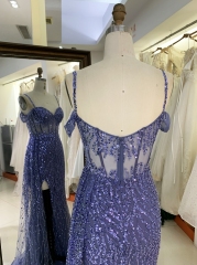 Dusty blue glitter off shoulder sleeveless mermaid corset zipper up back prom evening women dresses