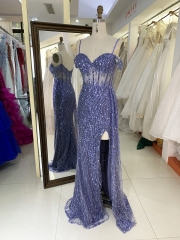 Dusty blue glitter off shoulder sleeveless mermaid corset zipper up back prom evening women dresses