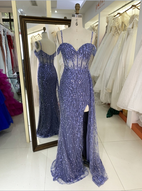 Dusty blue glitter off shoulder sleeveless mermaid corset zipper up back prom evening women dresses