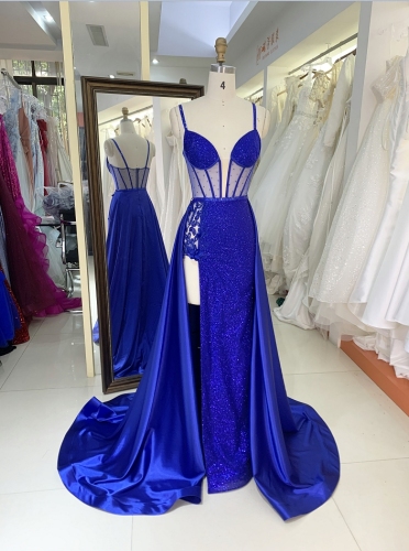 Royal New glitter satin sleeveless corset high slit embroidery prom evening women dresses with overskirt
