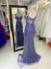 Dusty blue glitter off shoulder sleeveless mermaid corset zipper up back prom evening women dresses