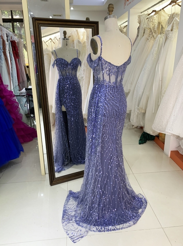 Dusty blue glitter off shoulder sleeveless mermaid corset zipper up back prom evening women dresses