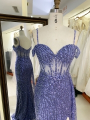 Dusty blue glitter off shoulder sleeveless mermaid corset zipper up back prom evening women dresses