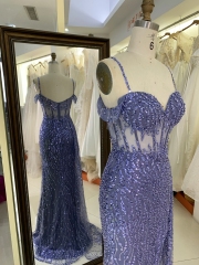 Dusty blue glitter off shoulder sleeveless mermaid corset zipper up back prom evening women dresses