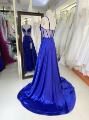 2023 Royal New glitter satin sleeveless corset high slit embroidery prom evening women dresses with overskirt