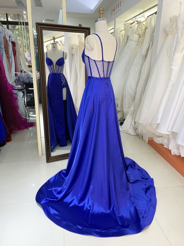 2023 Royal New glitter satin sleeveless corset high slit embroidery prom evening women dresses with overskirt