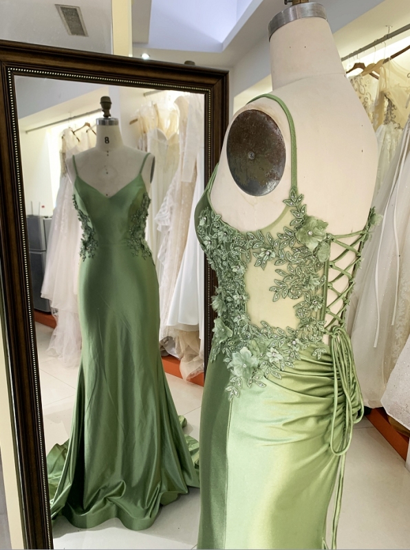 2023 green New embroidery sleeveless satin mermaid lace up back prom evening women dresses