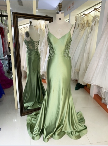 Green New embroidery sleeveless satin mermaid lace up back prom evening women dresses