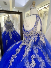 Royal halter neck gold embroidery beading lace up back quinceanera sweet 16 ball gown