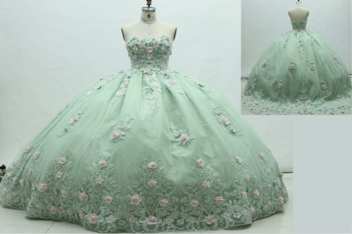 Women new quinceaneras dress flower mint long party elegant romantic