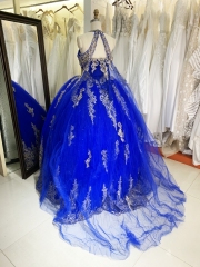 Royal halter neck gold embroidery beading lace up back quinceanera sweet 16 ball gown