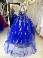 Royal halter neck gold embroidery beading lace up back quinceanera sweet 16 ball gown
