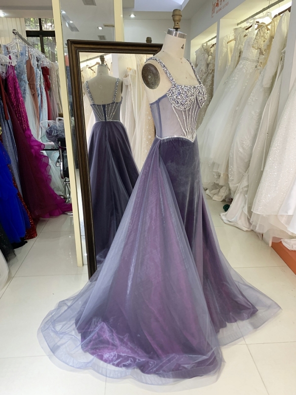 Black purple hand beading rhinestone sleeveless velvet mermaid evening dresses with overskirt
