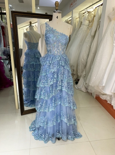 light blue glitter one shoulder ruffle mermaid corset zipper up back prom evening women dresses