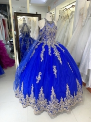 Royal halter neck gold embroidery beading lace up back quinceanera sweet 16 ball gown